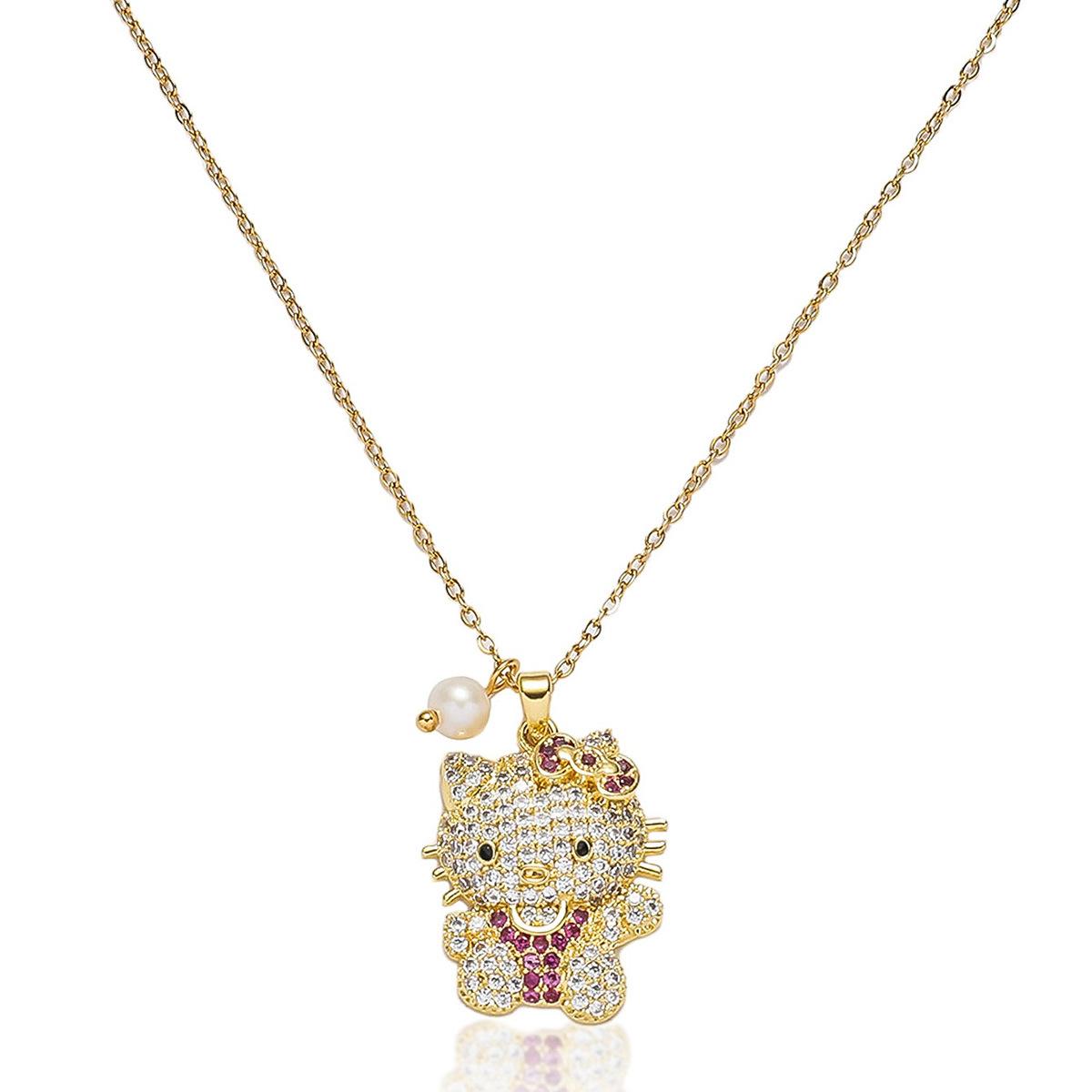 2PCS Kitty Necklaces, Women's Cartoon Freshwater Pearl Micro-Inlaid Colorful Cute Trendy Cool Bow Cat Necklace