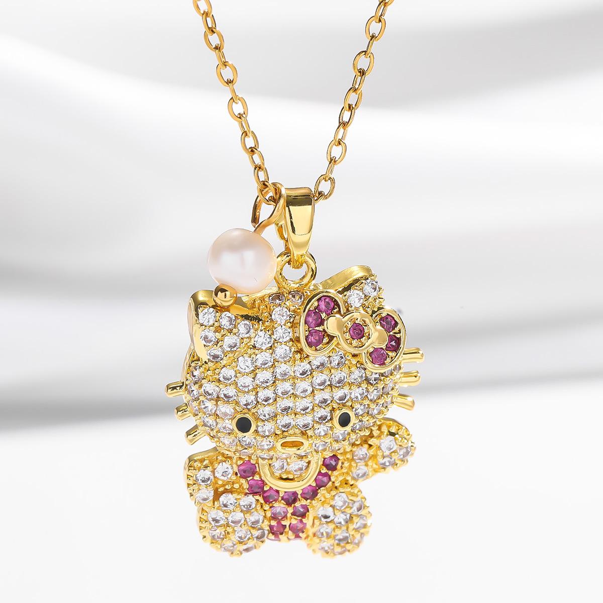 2PCS Kitty Necklaces, Women's Cartoon Freshwater Pearl Micro-Inlaid Colorful Cute Trendy Cool Bow Cat Necklace