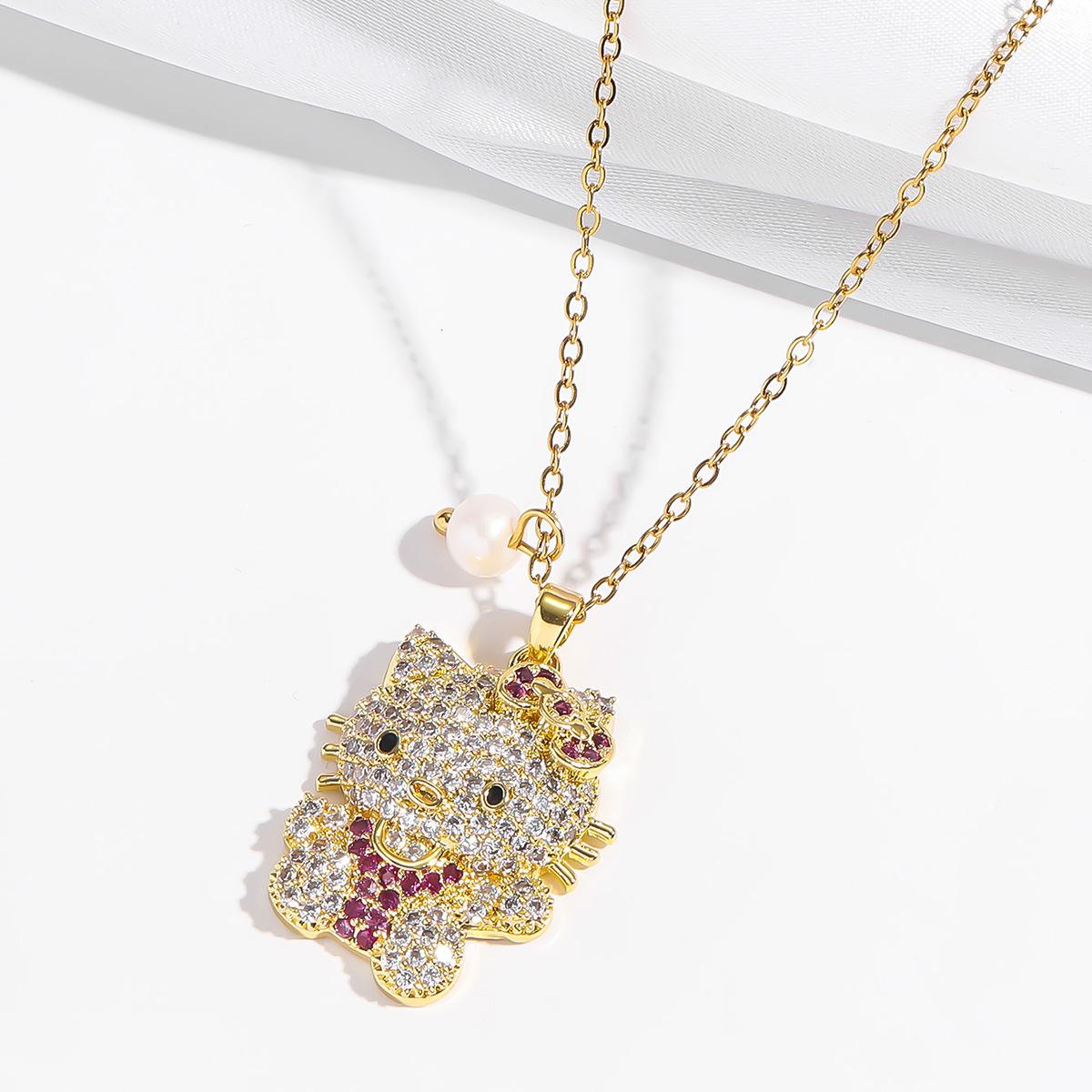 2PCS Kitty Necklaces, Women's Cartoon Freshwater Pearl Micro-Inlaid Colorful Cute Trendy Cool Bow Cat Necklace