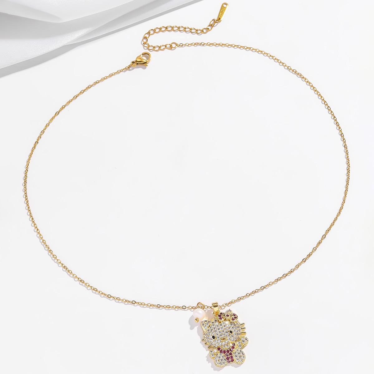 2PCS Kitty Necklaces, Women's Cartoon Freshwater Pearl Micro-Inlaid Colorful Cute Trendy Cool Bow Cat Necklace