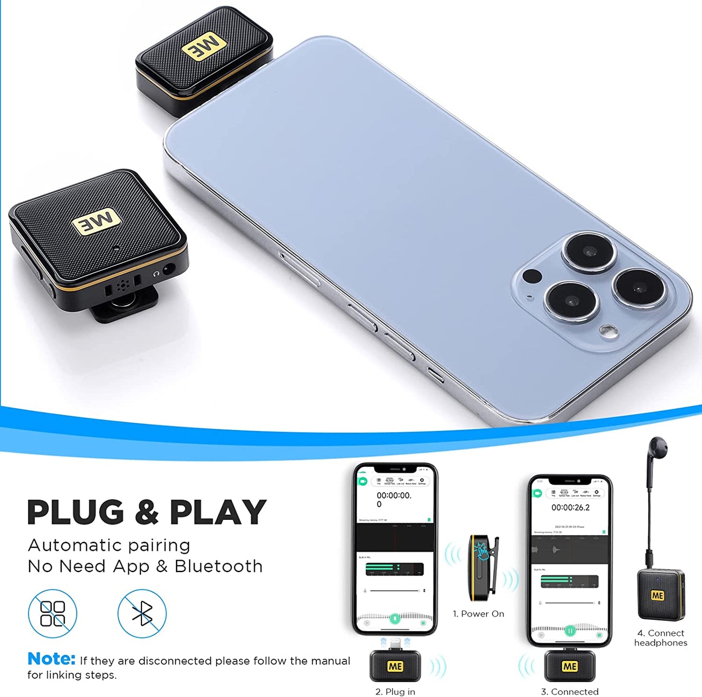 ME MIC-L1-D 2.4GHz Wireless Lavalier Microphones for iPhone iPad Phone Omnidirectional External Mini Lapel Lightning iPhone Microphone Clip-On Mic for Video Recording Podcast YouTube Live Streaming