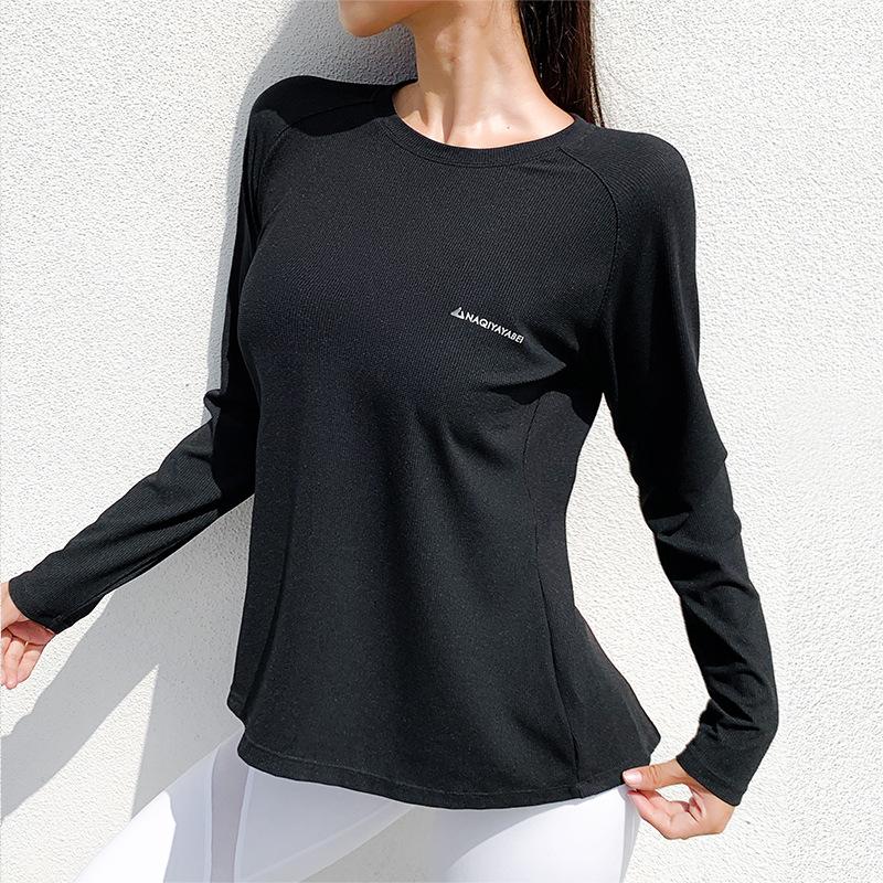 Spring Loose Round Neck Long-Sleeve Sports Shirt Women&#39;s Sweat-Absorbent Quick-Drying Knitted Running Fitness Top Casual t-Shirt