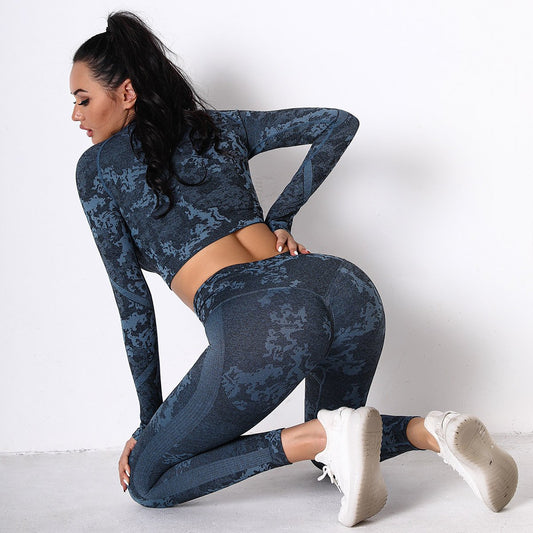 Fitness Women Seamless Knitting Camouflage Corset Sports Sets High Elastic Skinny Crop Tops   Gym Legging 2PCS Slim Fit Suits