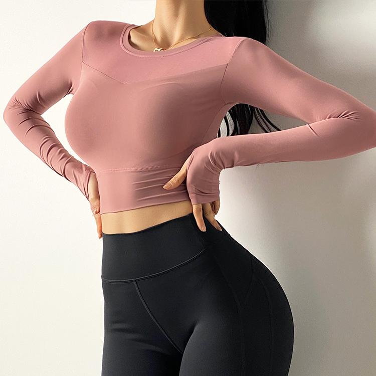 Gym Workout Shirts Women Leaking Navel T-shirt Sexy Mesh Sports Clothes Quick-Drying Sport T-Shirt Running Fitness Long Sleeve