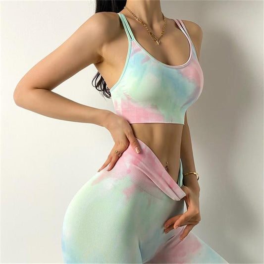Seamless Tie-Dyed Sports Bra Women Camis Crop Top  Gym Halter Workout Tank Tops Beautiful Back High Elastic Vest