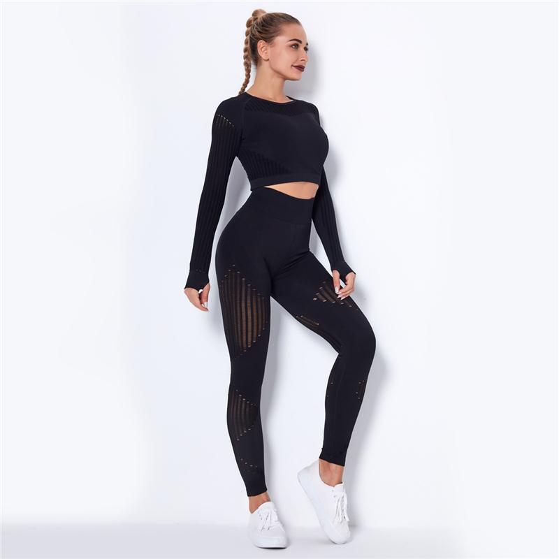 Women Sport Suit 2 Piece Fitness Tracksuit Set Gym Workout Clothes Long Sleeve Crop Top   High Waist Running Legging Fitness Set
