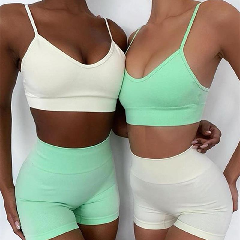 Women Sexy Seamless Shorts Sports Bra Fitness Suit Gathering Gym Bra Quick-drying Breathable Sports Shorts Women's Short Set