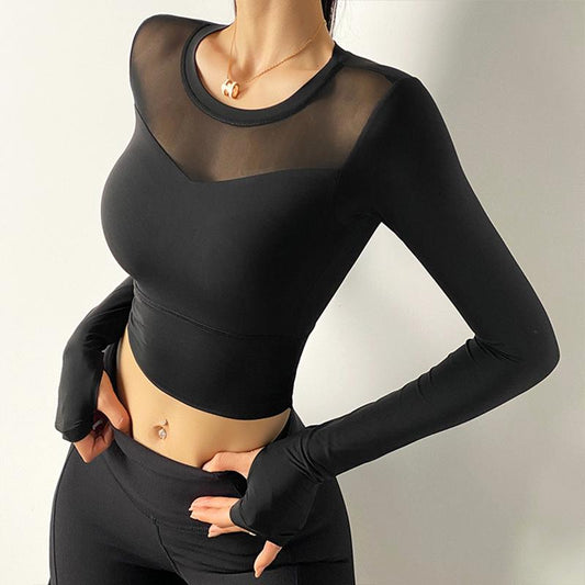 Gym Workout Shirts Women Leaking Navel T-shirt Sexy Mesh Sports Clothes Quick-Drying Sport T-Shirt Running Fitness Long Sleeve