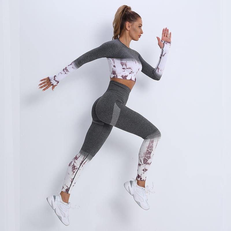 Women 2pcs Sportswear Sets Soft Stretch Gradient Color Seamless Running Sports Fitness Leggings and Crop Tops Set