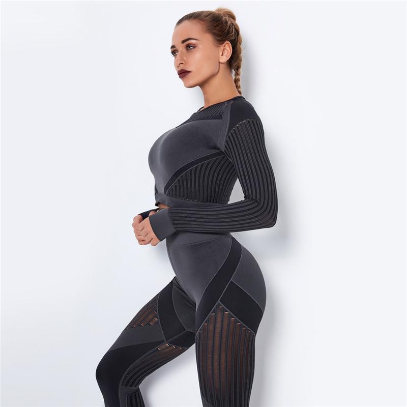 Women Seamless Crop Top Workout Flexible Four-way Knit Sports Tops Athletic Fitness Clothing Running Long Sleeve Sports Tops Gym