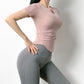 Women V-Neck Workout Tops Breathable Sports Short Sleeve Slim Fitness Training Running Sportswear Side Folds Gym Shirts