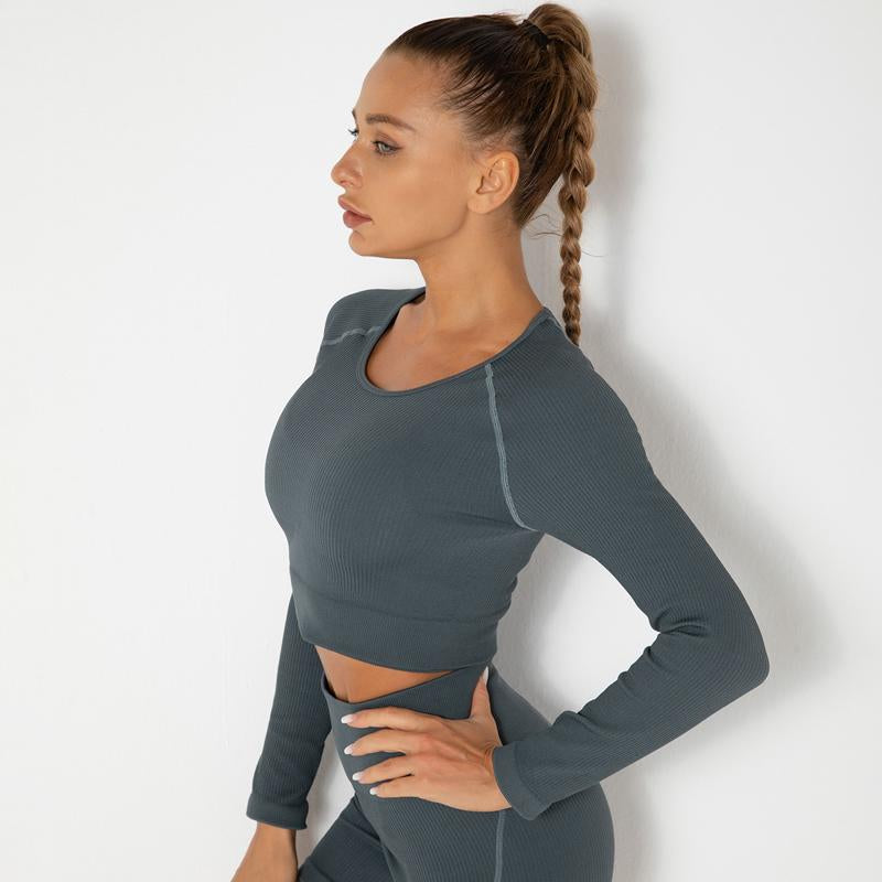 Women Shirts Seamless Quick Dry Gym Tights Shirts Long Sleeve Crop Tops Sports Fitness Wear Power Stretch Compress Gym Sportswea