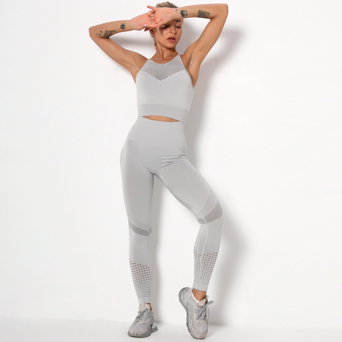 Pink Women Two Pcs Seamless Gym Set Hollow Out Sports Bra High Waist Leggings 2Pcs Suit Newest Styles Women Workout Cloth