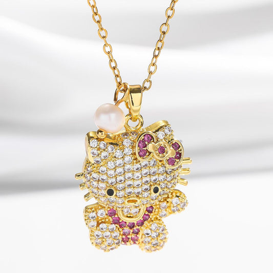 2PCS Kitty Necklaces, Women's Cartoon Freshwater Pearl Micro-Inlaid Colorful Cute Trendy Cool Bow Cat Necklace