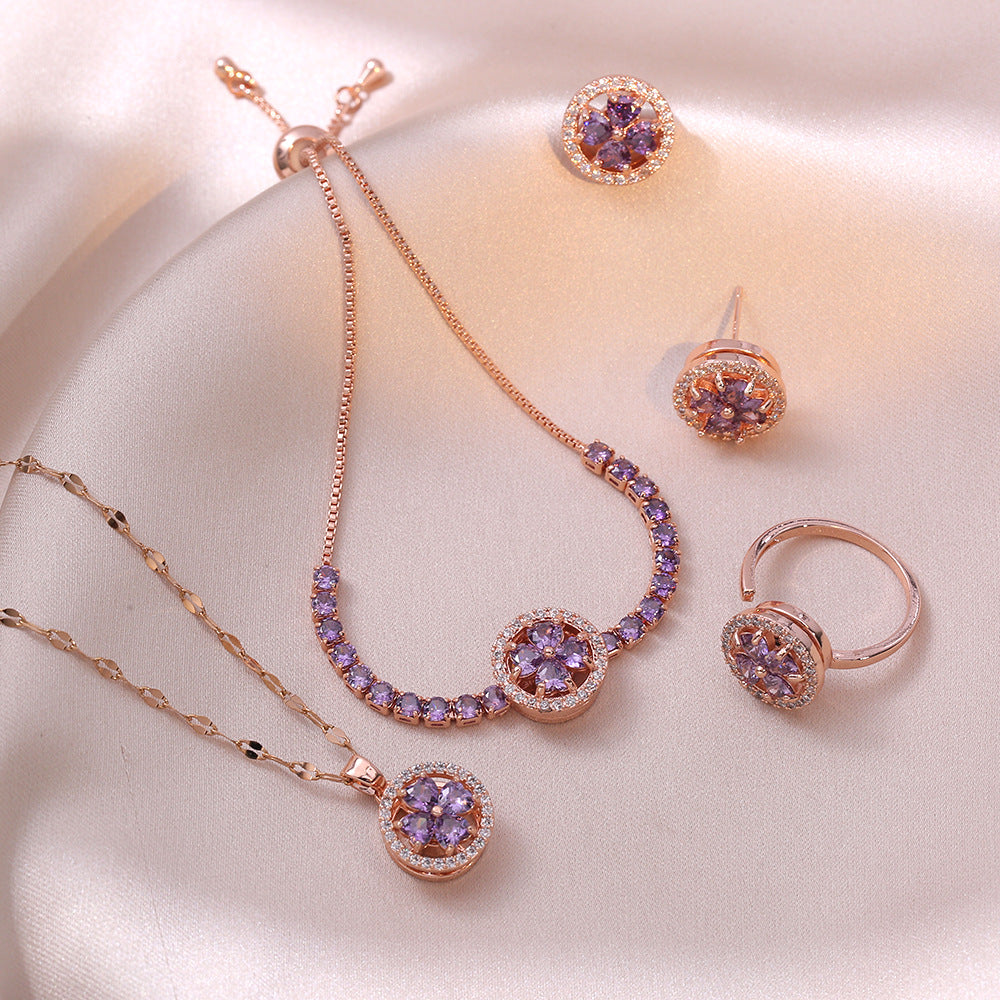 Necklace female, Japanese and Korean style Internet celebrity Douyin rotatable ring earrings three-piece set zircon necklace jewelry collarbone chain