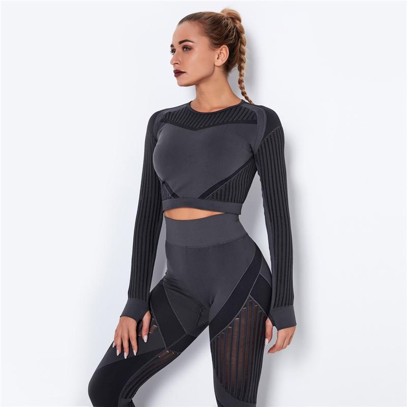 Women Sport Suit 2 Piece Fitness Tracksuit Set Gym Workout Clothes Long Sleeve Crop Top   High Waist Running Legging Fitness Set