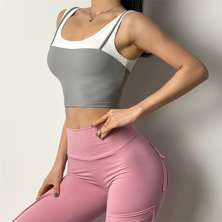 Sports Underwear Women's Fake 2 In 1 Wide Shoulder Straps Gather Shockproof Bra Fitness Clothes Quick-Drying Vest Running Tops