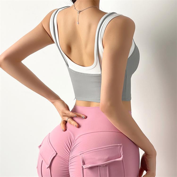 Sports Underwear Women's Fake 2 In 1 Wide Shoulder Straps Gather Shockproof Bra Fitness Clothes Quick-Drying Vest Running Tops