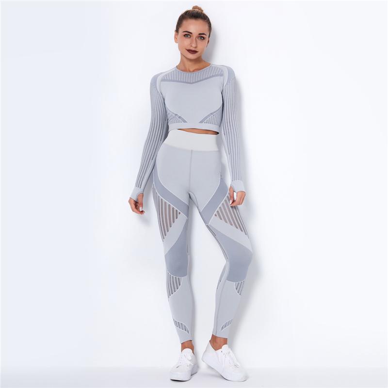 Women Sport Suit 2 Piece Fitness Tracksuit Set Gym Workout Clothes Long Sleeve Crop Top   High Waist Running Legging Fitness Set