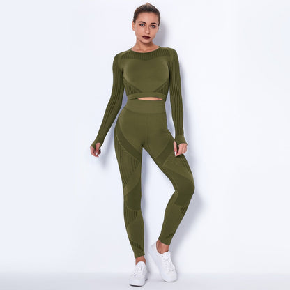 Women Sport Suit 2 Piece Fitness Tracksuit Set Gym Workout Clothes Long Sleeve Crop Top   High Waist Running Legging Fitness Set