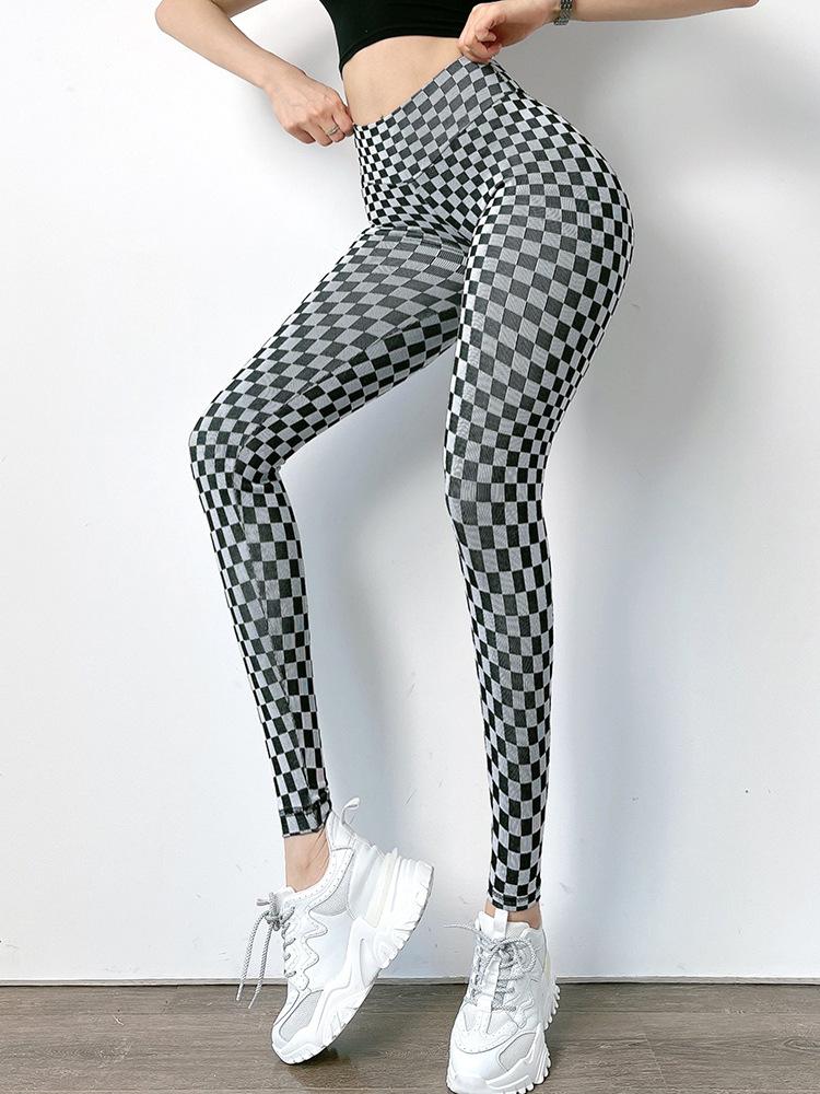 Scrunch Butt Checkered Print Fitness Sports Leggings Women Gym Elastic Slim Training Running Legging Quick Dry High Waist Pant