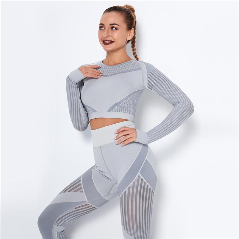 Women Seamless Crop Top Workout Flexible Four-way Knit Sports Tops Athletic Fitness Clothing Running Long Sleeve Sports Tops Gym