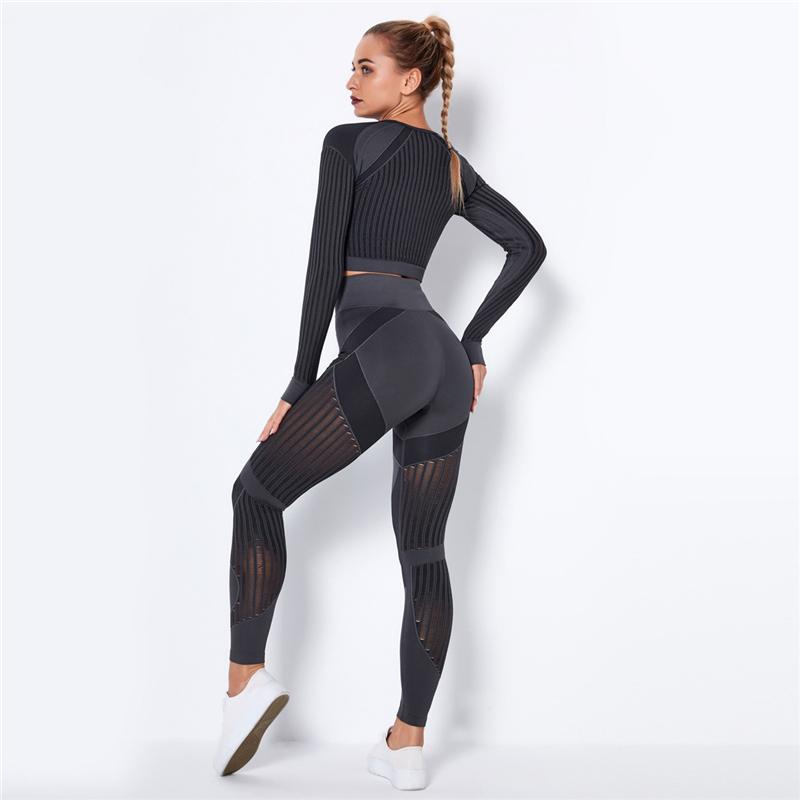 Women Sport Suit 2 Piece Fitness Tracksuit Set Gym Workout Clothes Long Sleeve Crop Top   High Waist Running Legging Fitness Set