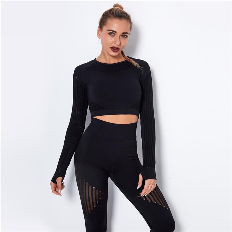 Women Seamless Crop Top Workout Flexible Four-way Knit Sports Tops Athletic Fitness Clothing Running Long Sleeve Sports Tops Gym