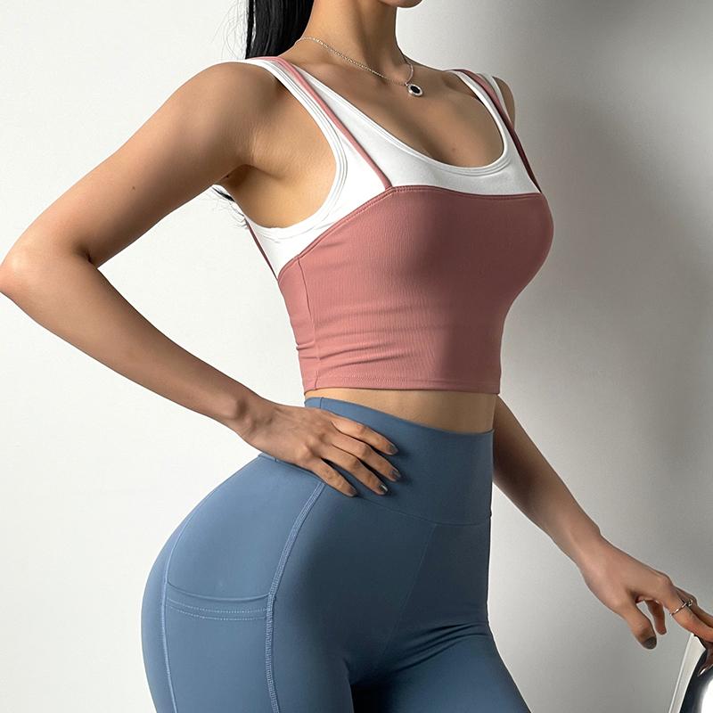 Sports Underwear Women's Fake 2 In 1 Wide Shoulder Straps Gather Shockproof Bra Fitness Clothes Quick-Drying Vest Running Tops