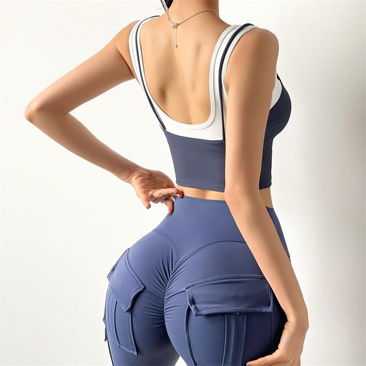 Sports Underwear Women's Fake 2 In 1 Wide Shoulder Straps Gather Shockproof Bra Fitness Clothes Quick-Drying Vest Running Tops