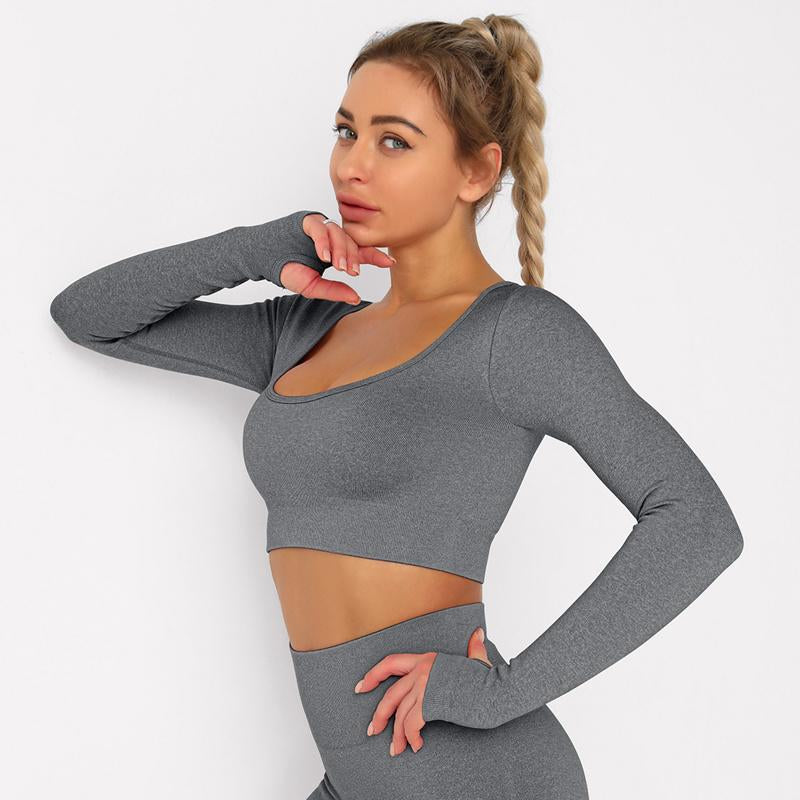 REVIVAL FITNESS SET 2Pcs Workout Gym Leggins Suit Square Sportswear Seamless Tracksuit Running Cropped Tops Long Sleeve Set