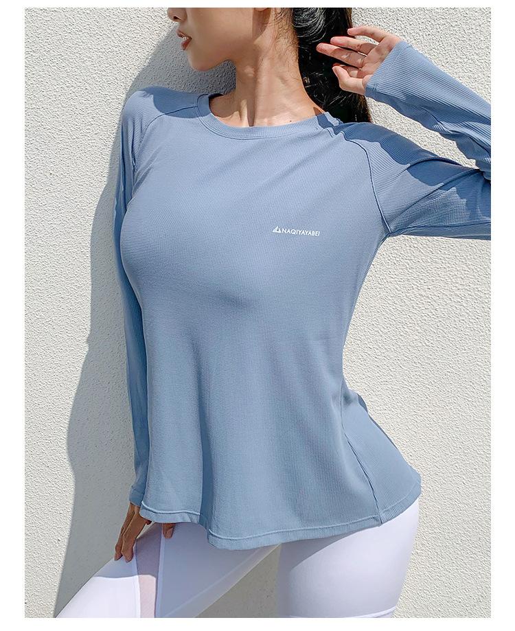 Spring Loose Round Neck Long-Sleeve Sports Shirt Women&#39;s Sweat-Absorbent Quick-Drying Knitted Running Fitness Top Casual t-Shirt