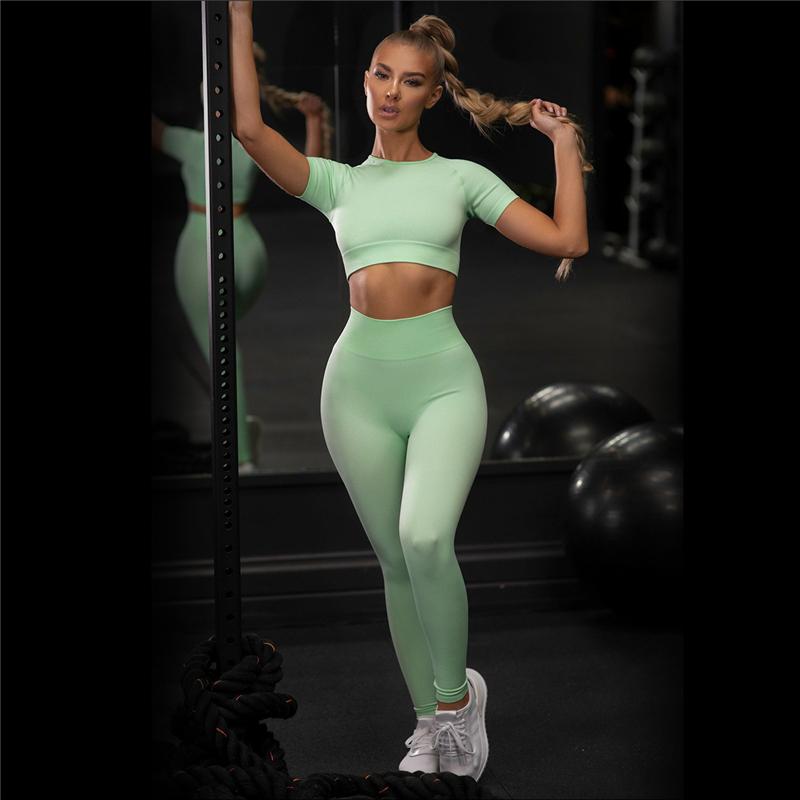 Nudity Women Seamless Sport Sets Fitness Short Sleeve   High Waist Leggings 2 Piece Gym Set Sports Suit Fitness Top Shirt suit