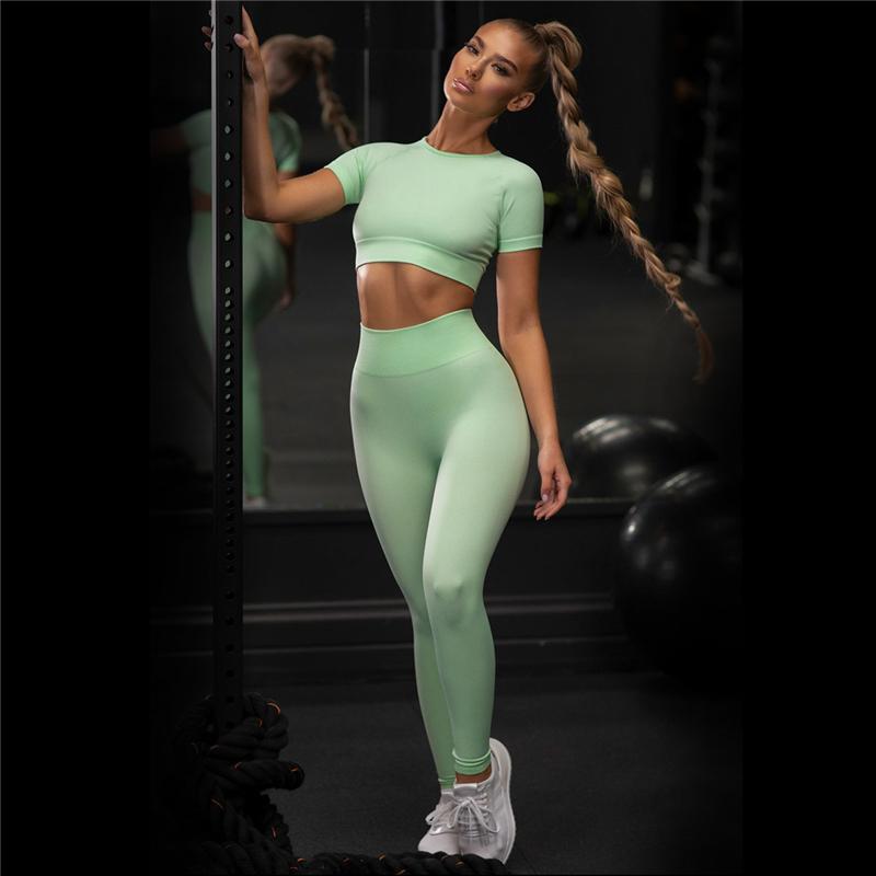 Nudity Women Seamless Sport Sets Fitness Short Sleeve   High Waist Leggings 2 Piece Gym Set Sports Suit Fitness Top Shirt suit