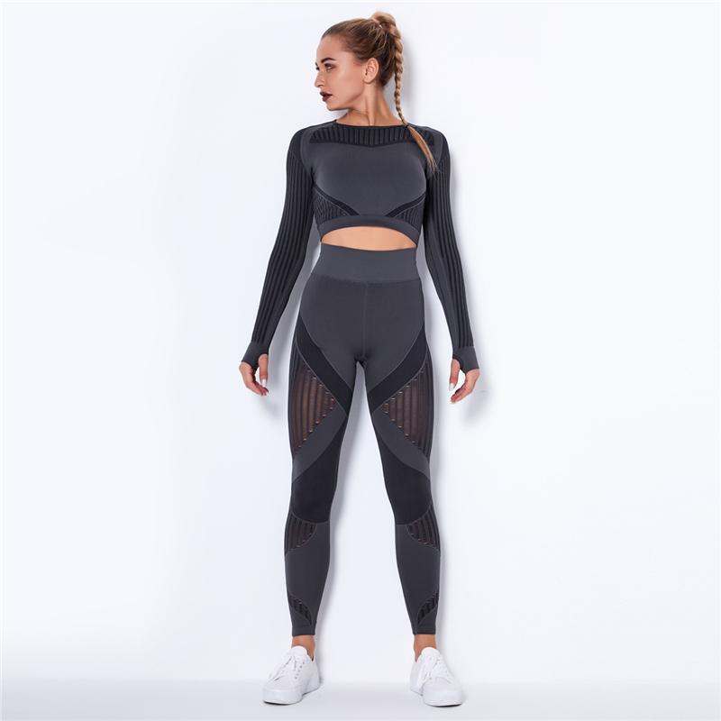 Women Sport Suit 2 Piece Fitness Tracksuit Set Gym Workout Clothes Long Sleeve Crop Top   High Waist Running Legging Fitness Set