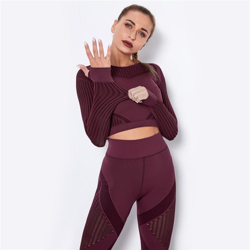 Women Seamless Crop Top Workout Flexible Four-way Knit Sports Tops Athletic Fitness Clothing Running Long Sleeve Sports Tops Gym