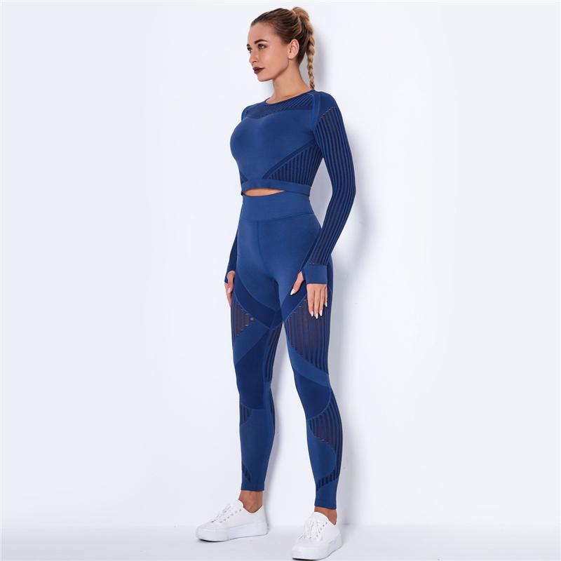 Women Sport Suit 2 Piece Fitness Tracksuit Set Gym Workout Clothes Long Sleeve Crop Top   High Waist Running Legging Fitness Set