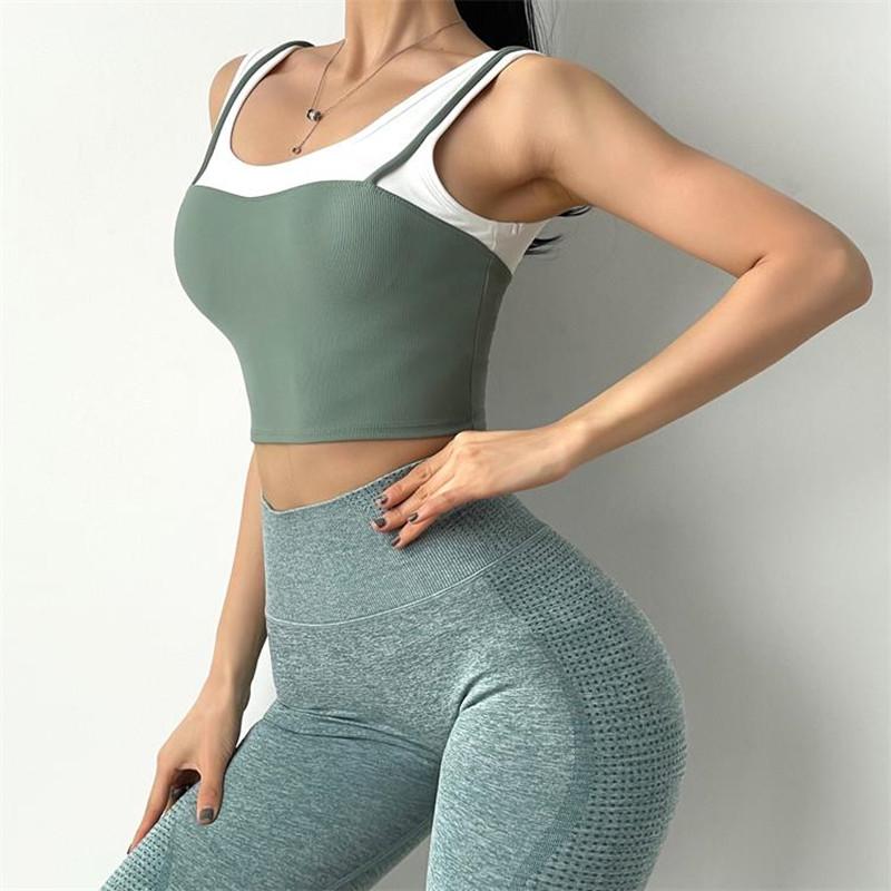 Sports Underwear Women's Fake 2 In 1 Wide Shoulder Straps Gather Shockproof Bra Fitness Clothes Quick-Drying Vest Running Tops