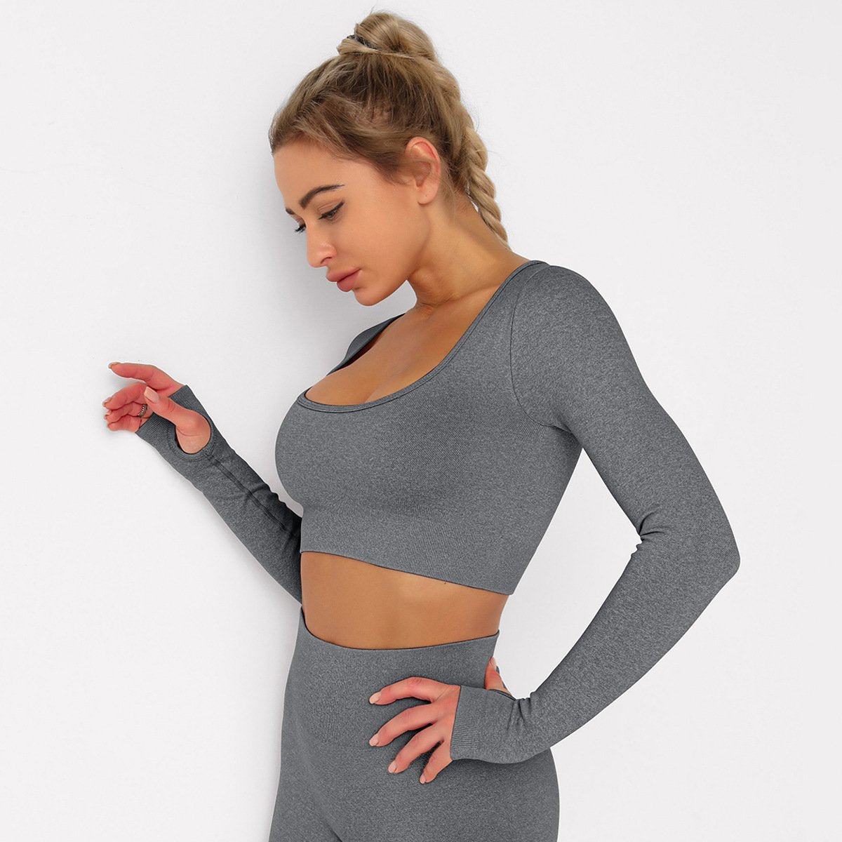 Solid Seamless Gym Shirts for Women Vital Seamless Long Sleeve Crop Top Thumb Hole Fitted Gym Top Shirts Workout Running clothes