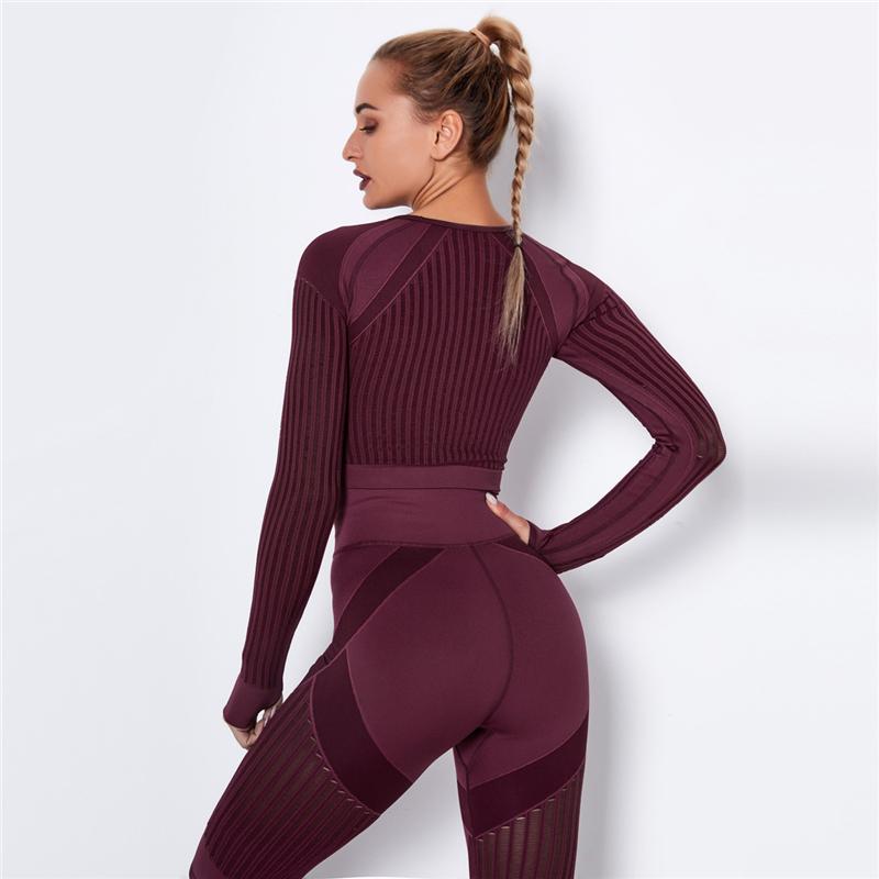 Women Seamless Crop Top Workout Flexible Four-way Knit Sports Tops Athletic Fitness Clothing Running Long Sleeve Sports Tops Gym