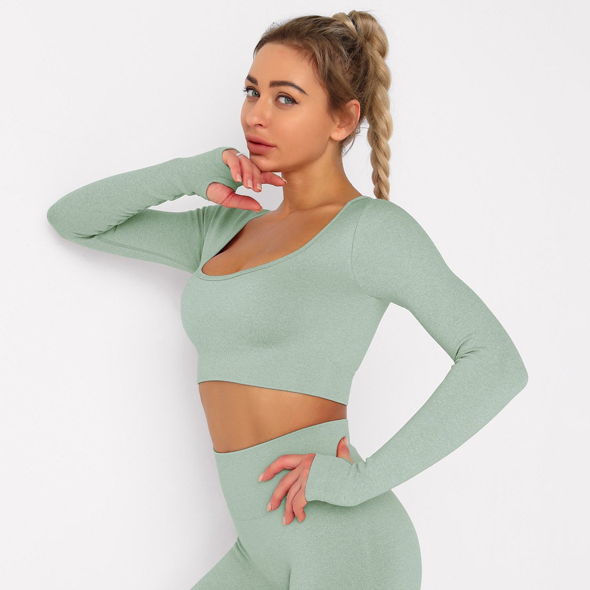 Solid Seamless Gym Shirts for Women Vital Seamless Long Sleeve Crop Top Thumb Hole Fitted Gym Top Shirts Workout Running clothes