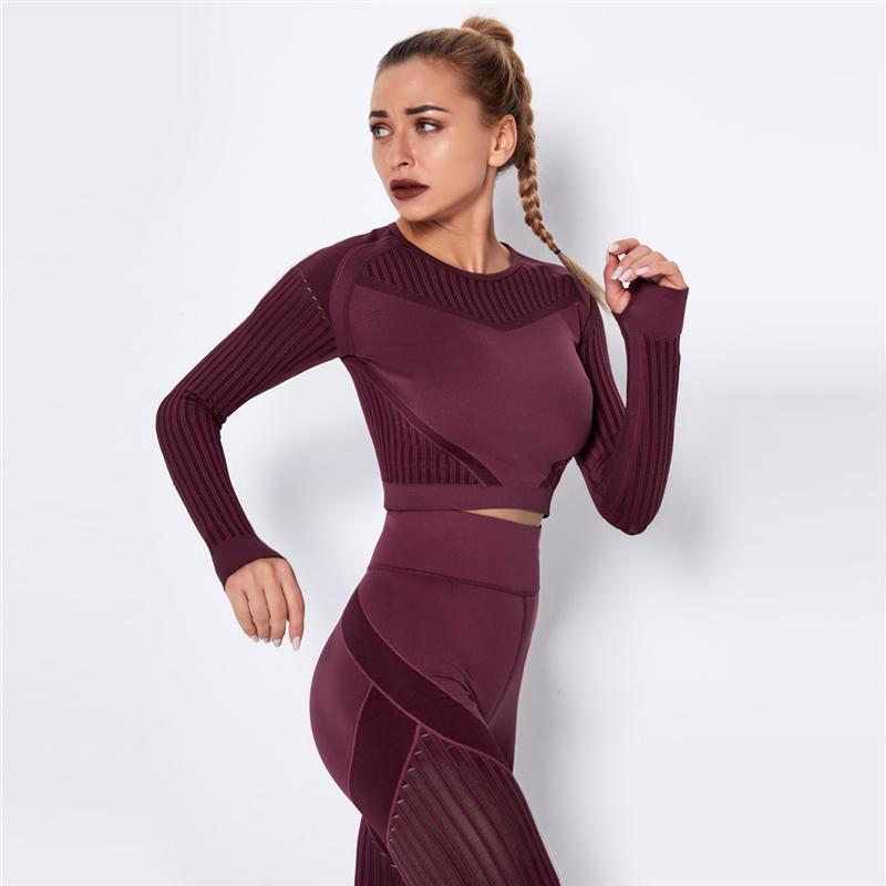 Women Seamless Crop Top Workout Flexible Four-way Knit Sports Tops Athletic Fitness Clothing Running Long Sleeve Sports Tops Gym