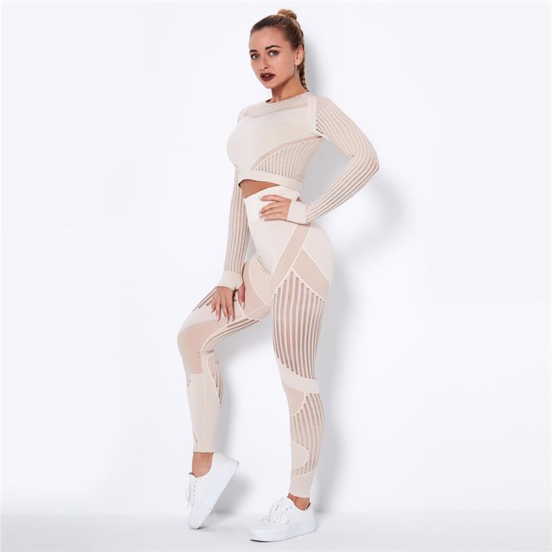 Women Sport Suit 2 Piece Fitness Tracksuit Set Gym Workout Clothes Long Sleeve Crop Top   High Waist Running Legging Fitness Set