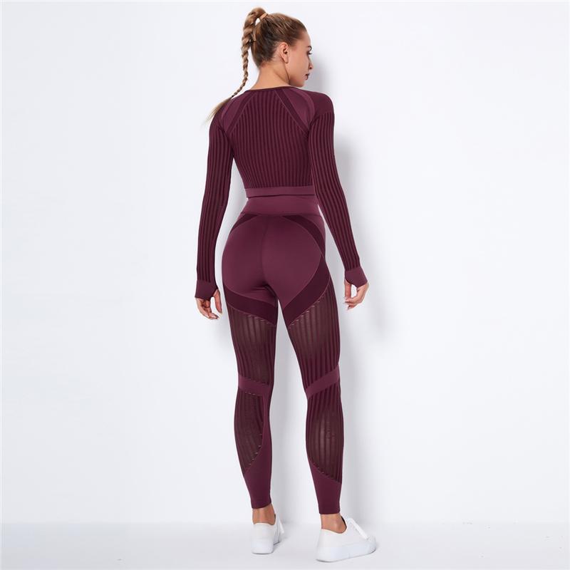 Women Sport Suit 2 Piece Fitness Tracksuit Set Gym Workout Clothes Long Sleeve Crop Top   High Waist Running Legging Fitness Set