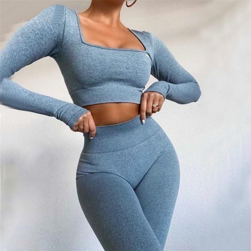 REVIVAL FITNESS SET 2Pcs Workout Gym Leggins Suit Square Sportswear Seamless Tracksuit Running Cropped Tops Long Sleeve Set