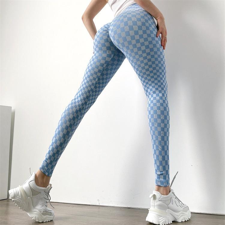 Scrunch Butt Checkered Print Fitness Sports Leggings Women Gym Elastic Slim Training Running Legging Quick Dry High Waist Pant