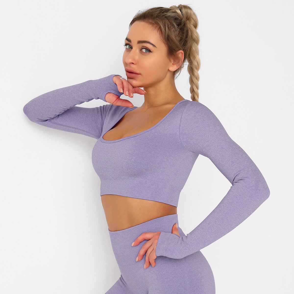 Solid Seamless Gym Shirts for Women Vital Seamless Long Sleeve Crop Top Thumb Hole Fitted Gym Top Shirts Workout Running clothes