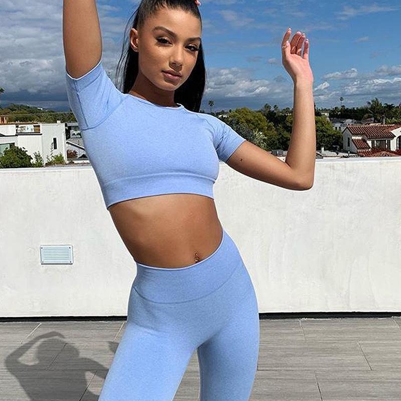 Nudity Women Seamless Sport Sets Fitness Short Sleeve   High Waist Leggings 2 Piece Gym Set Sports Suit Fitness Top Shirt suit