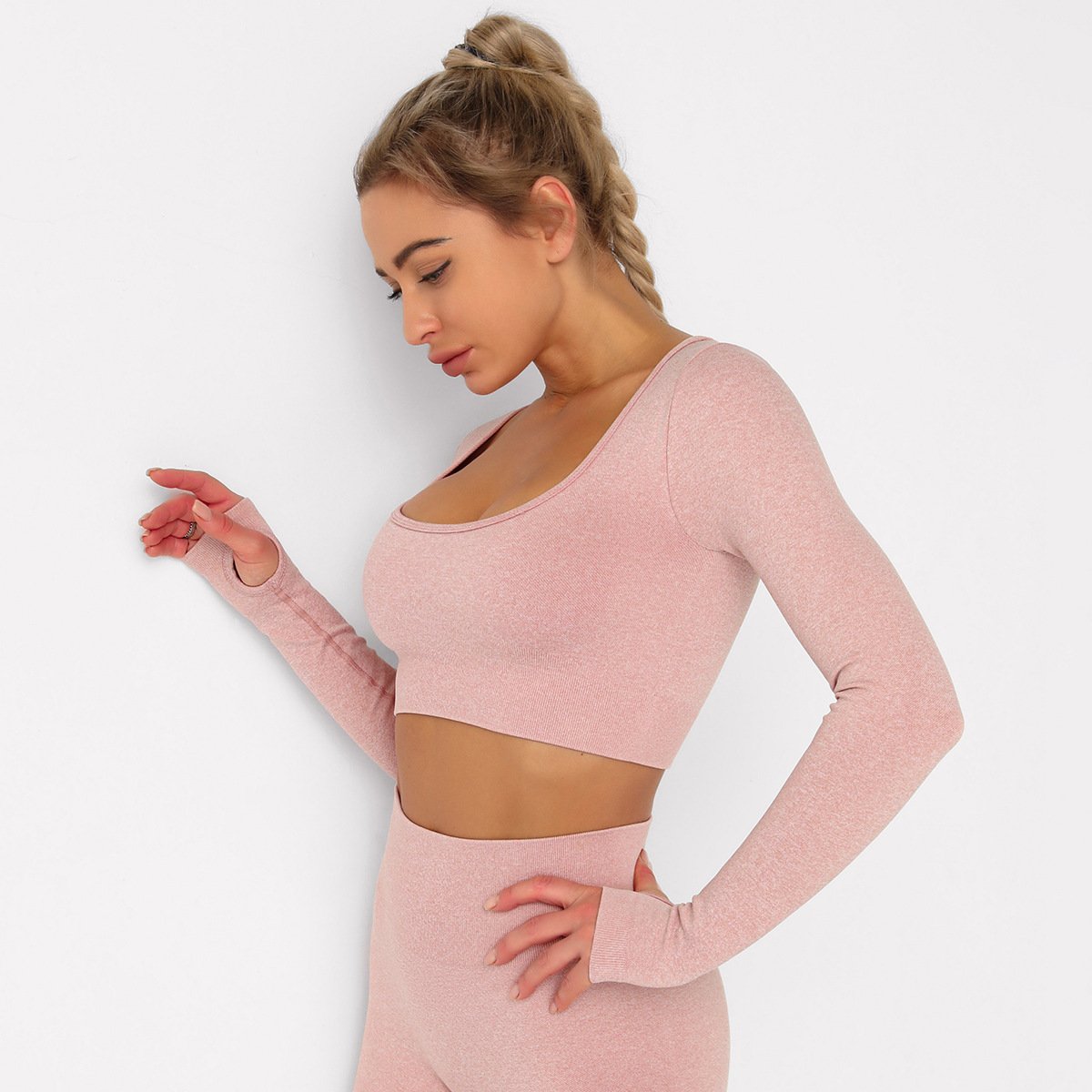 Solid Seamless Gym Shirts for Women Vital Seamless Long Sleeve Crop Top Thumb Hole Fitted Gym Top Shirts Workout Running clothes