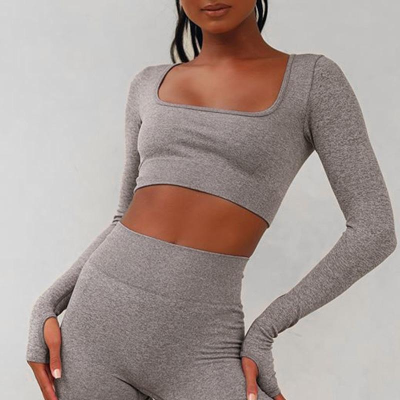 REVIVAL FITNESS SET 2Pcs Workout Gym Leggins Suit Square Sportswear Seamless Tracksuit Running Cropped Tops Long Sleeve Set